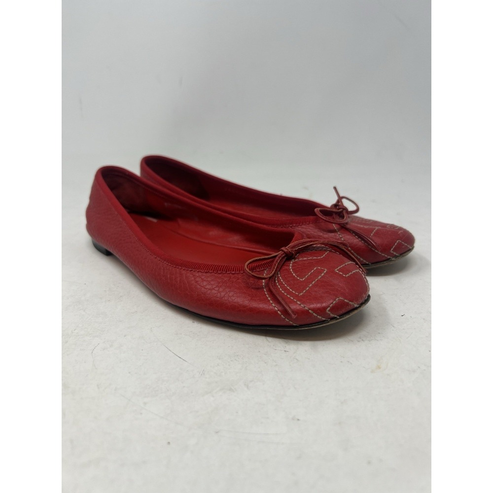 GUCCI Ballerina GG Bow 7.5 Red Leather Flats 37.5 Women's Ballet EUC